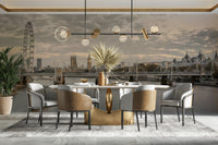 A peaceful twilight scene mural on decorative wallpaper.

