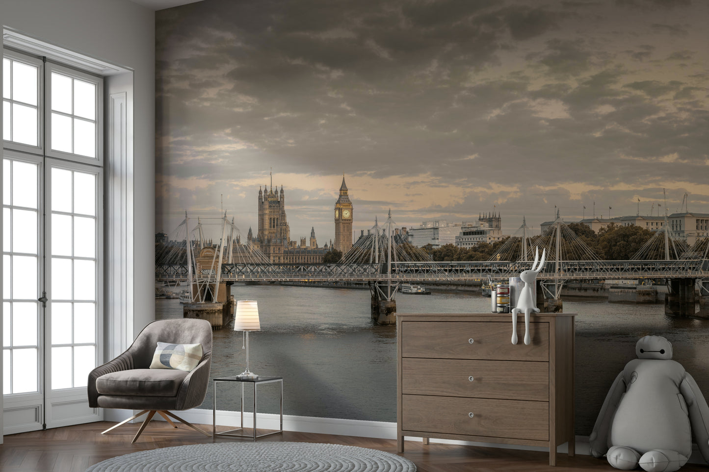 A graceful bridge scene wall mural in soft, muted tones.

