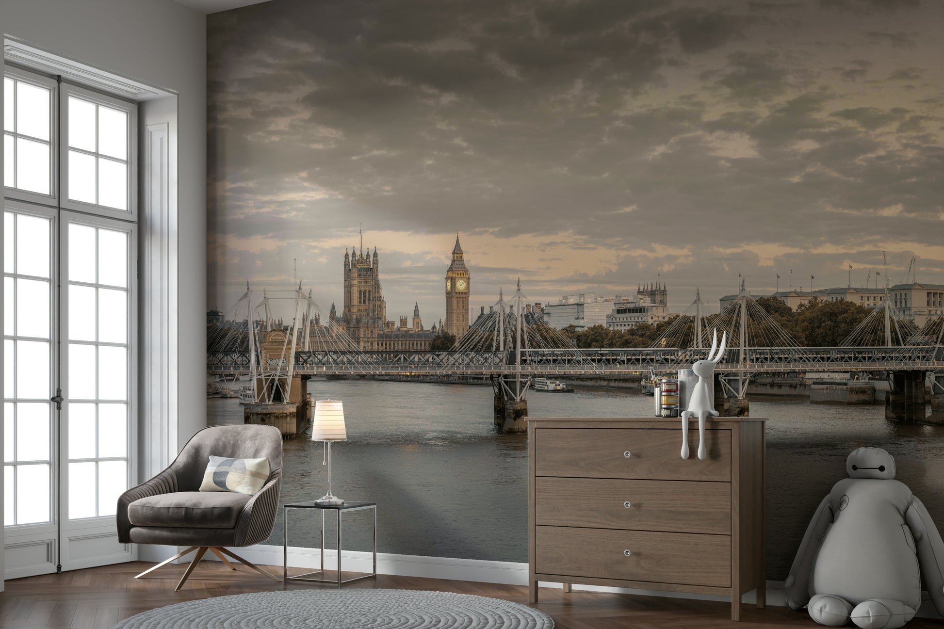 A graceful bridge scene wall mural in soft, muted tones.

