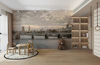 A calming urban design wallpaper mural that defines a space.

