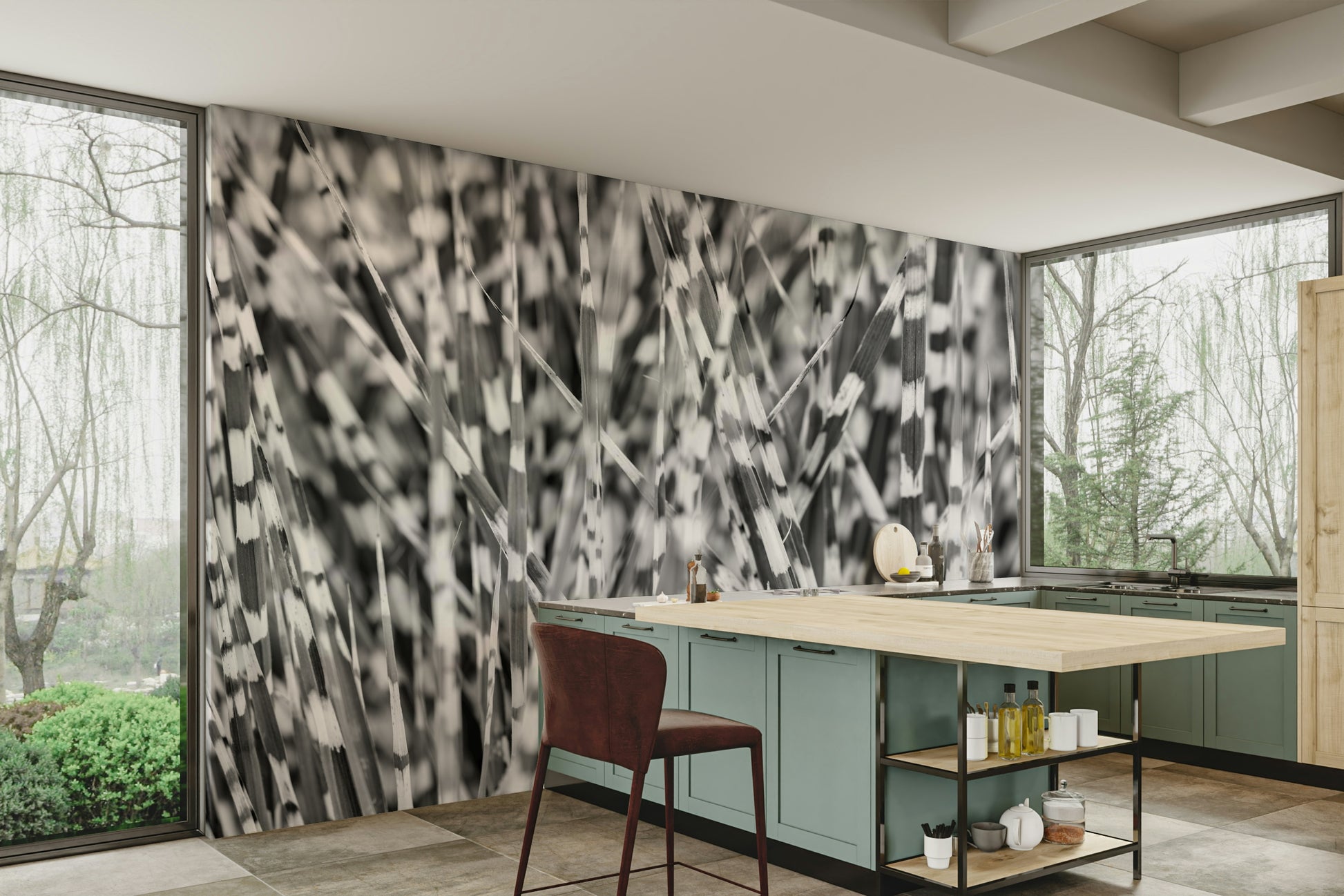 A calming abstract design wallpaper mural that defines a space.

