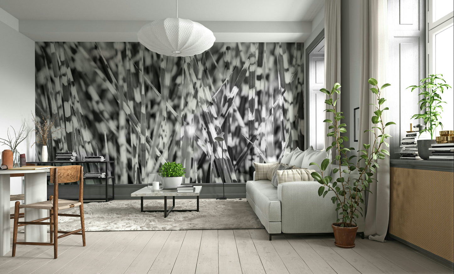A graceful natural texture wall mural in black and white tones.

