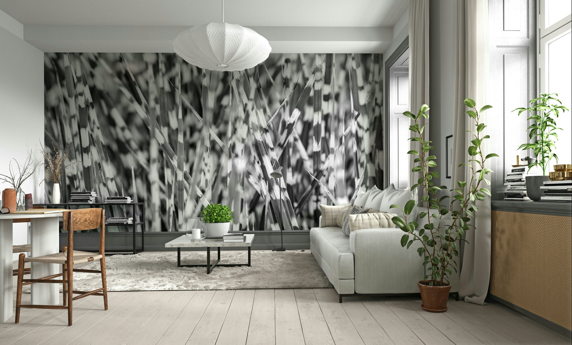 A graceful natural texture wall mural in black and white tones.

