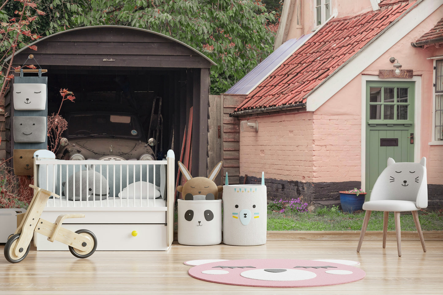 A graceful subtle scene wall mural in muted, rustic tones.

