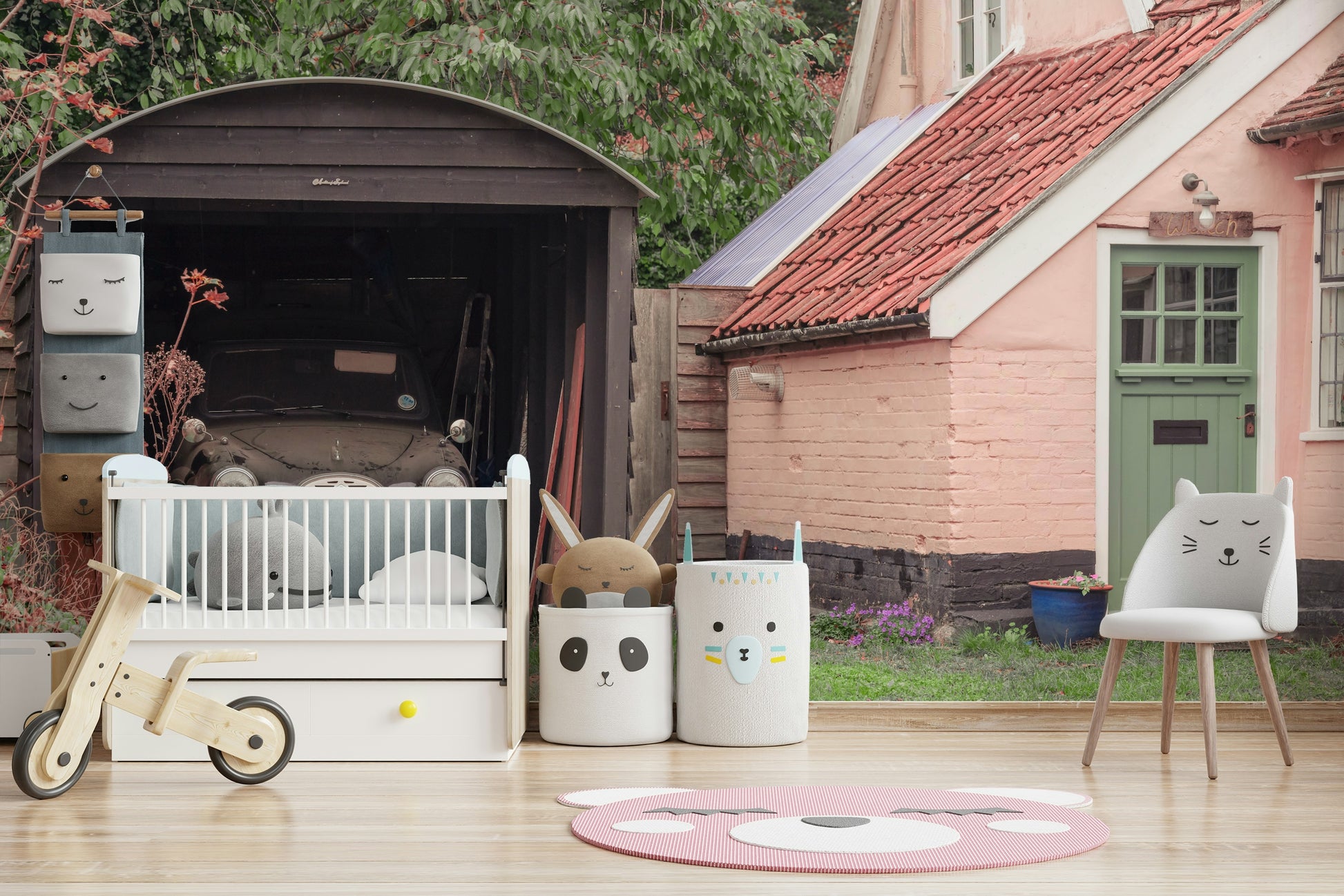 A graceful subtle scene wall mural in muted, rustic tones.

