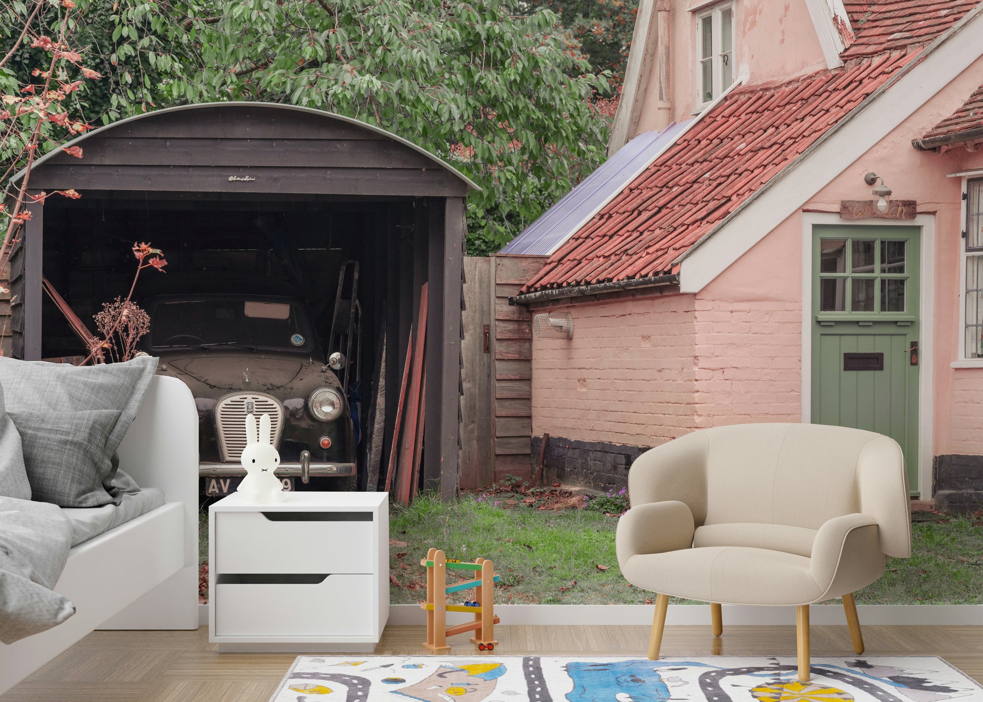 A serene old car hideaway wall mural for cozy decor.

