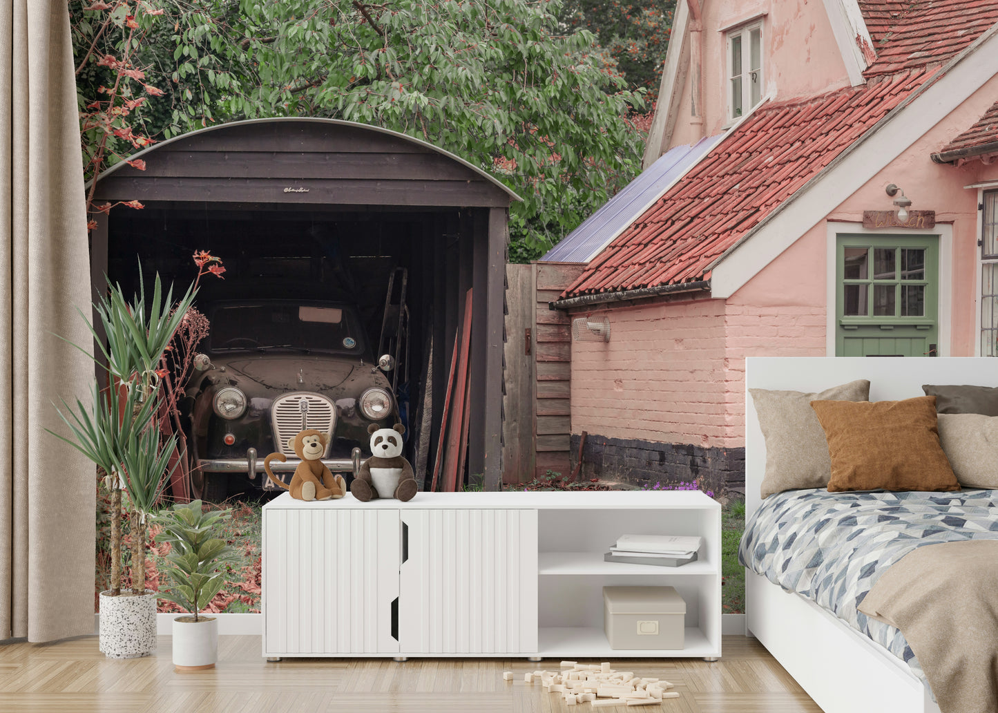 A peaceful rural retreat mural on decorative wallpaper.

