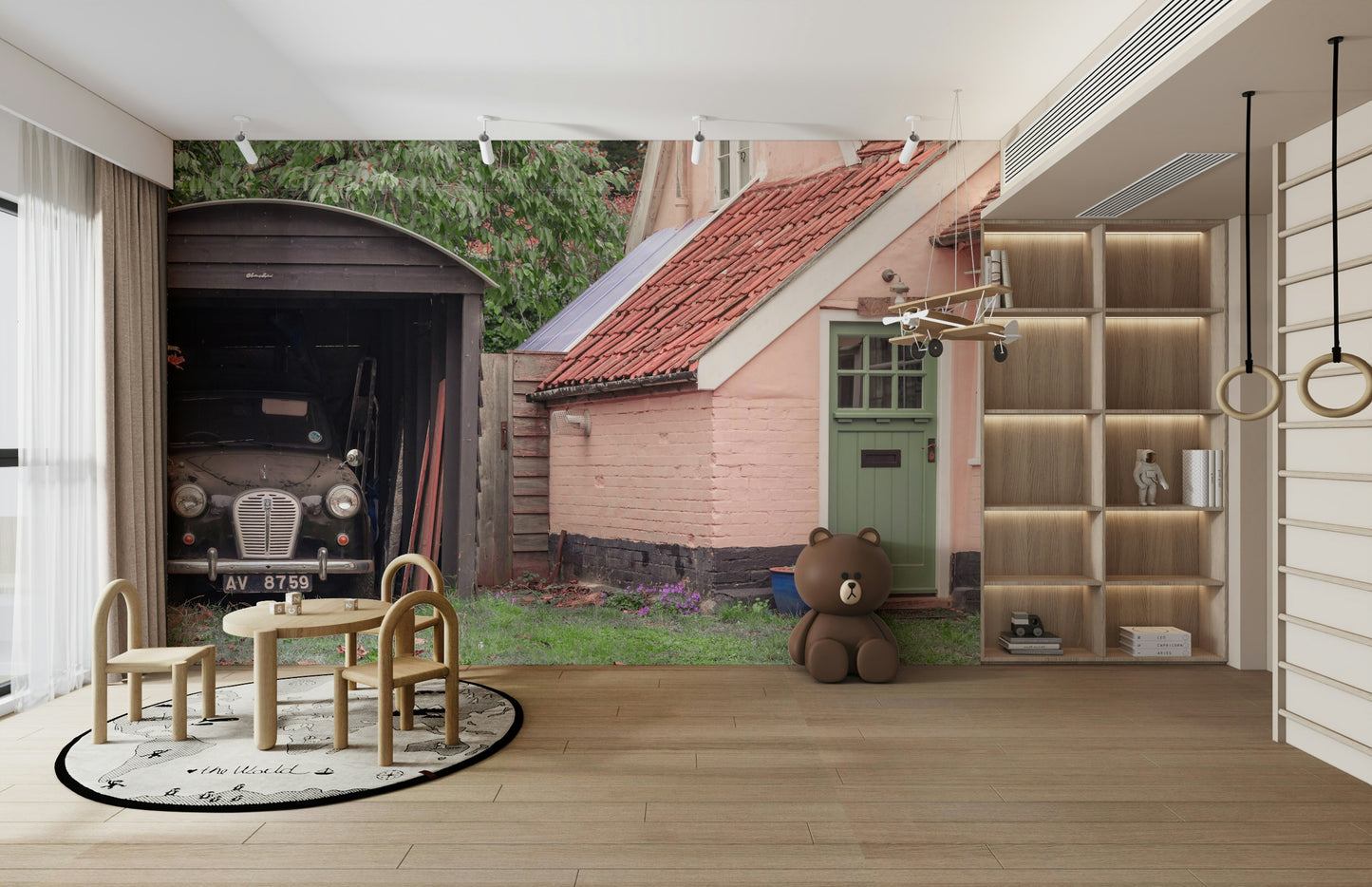 A beautiful rustic scene wall mural for a living room.

