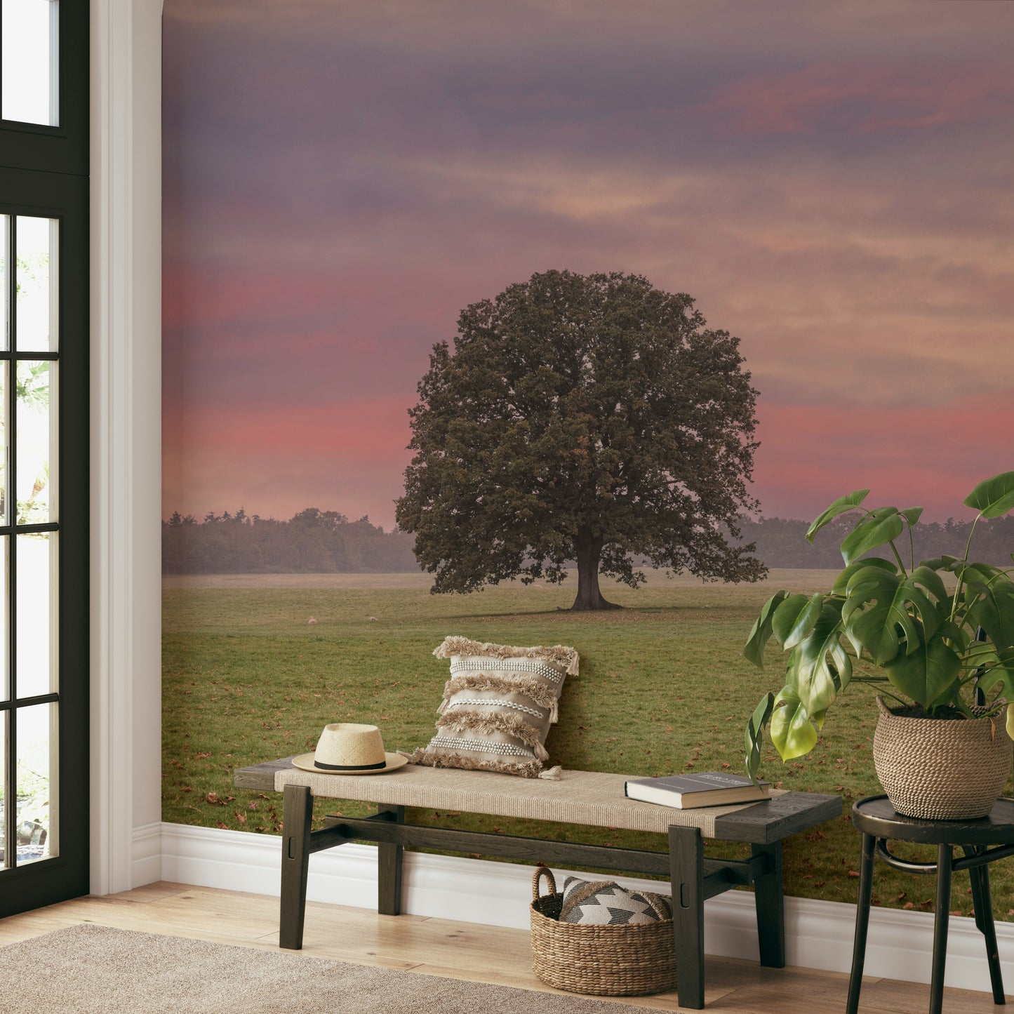 A beautiful calm fields wallpaper mural with a full moon.

