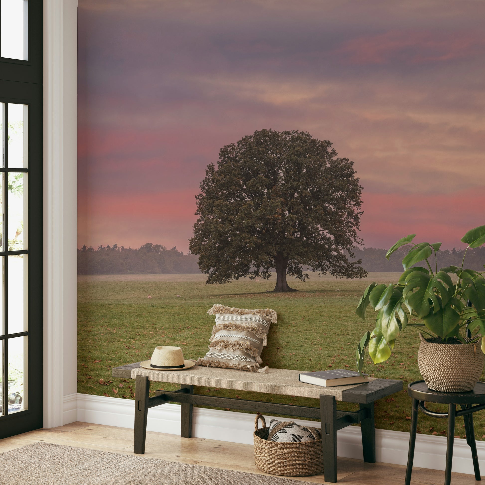 A beautiful calm fields wallpaper mural with a full moon.

