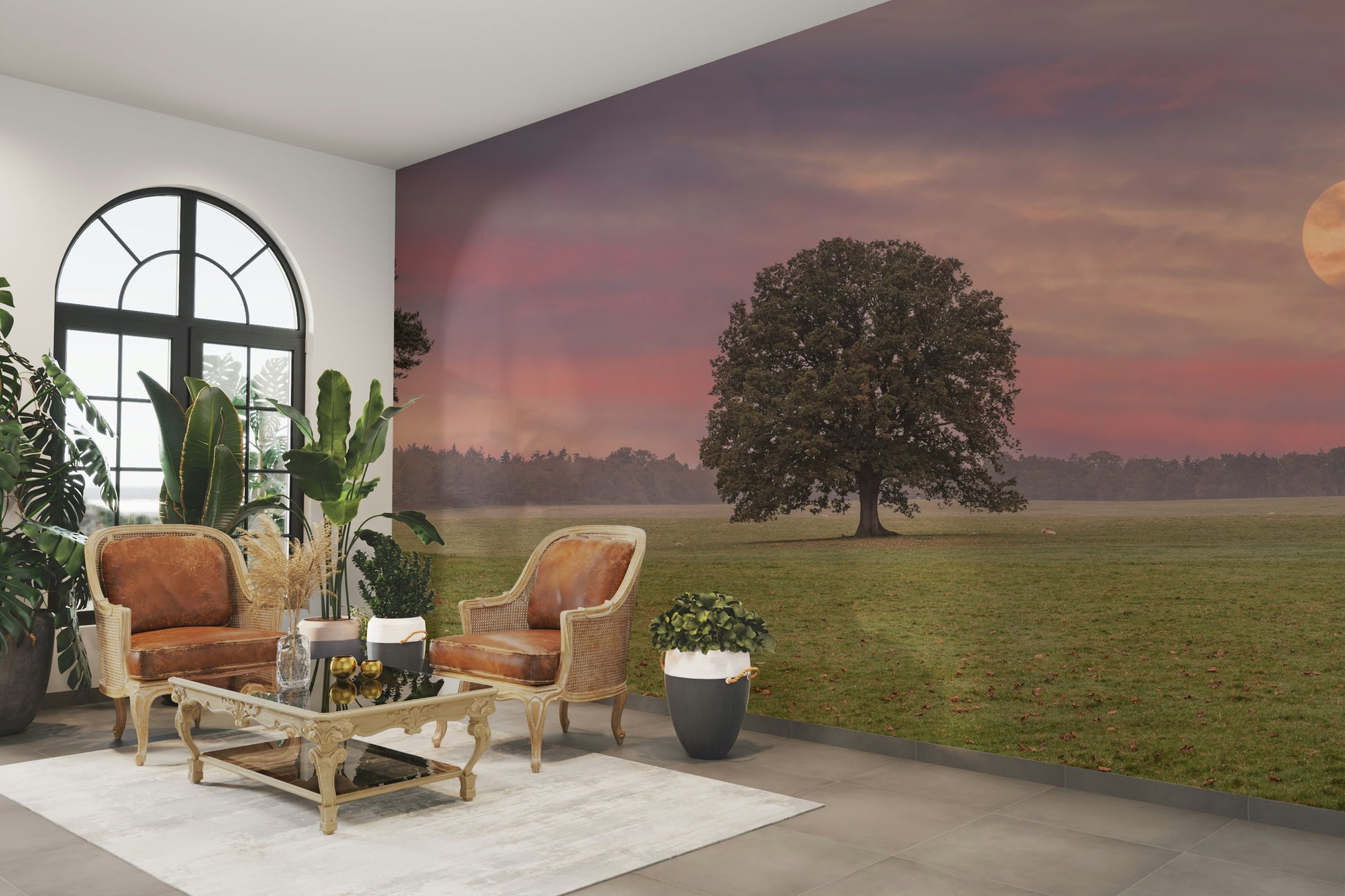 An artistic natural landscape mural on minimalist wallpaper.

