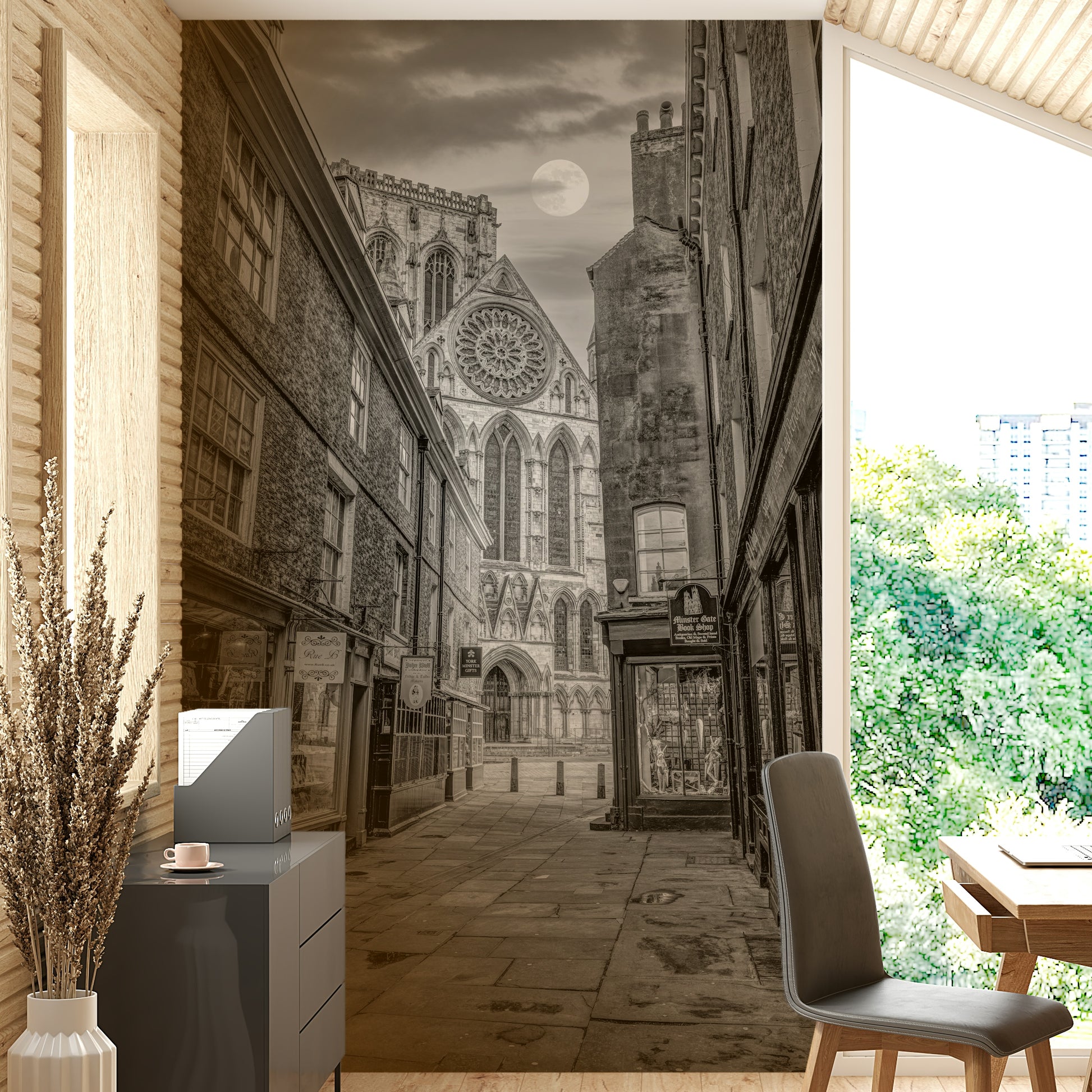 A serene historic street wall mural for dramatic decor.

