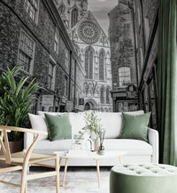 An artistic dark alley mural on minimalist wallpaper.

