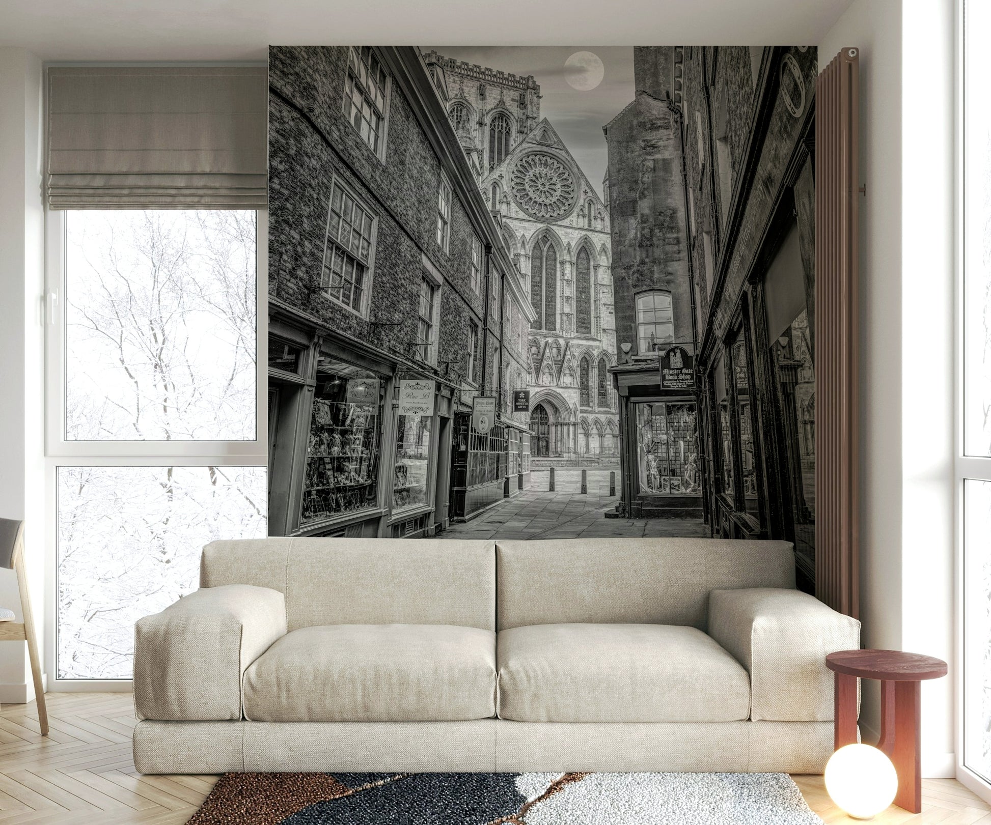 A graceful subtle pattern wall mural in dark, cool tones.

