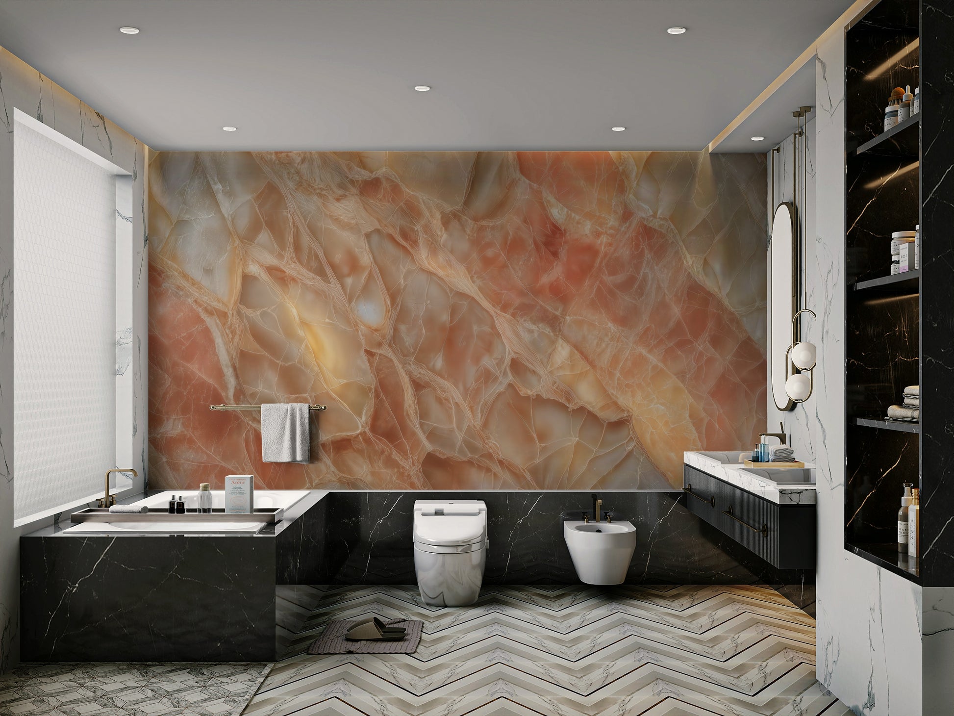 A peaceful natural stone mural on decorative wallpaper.

