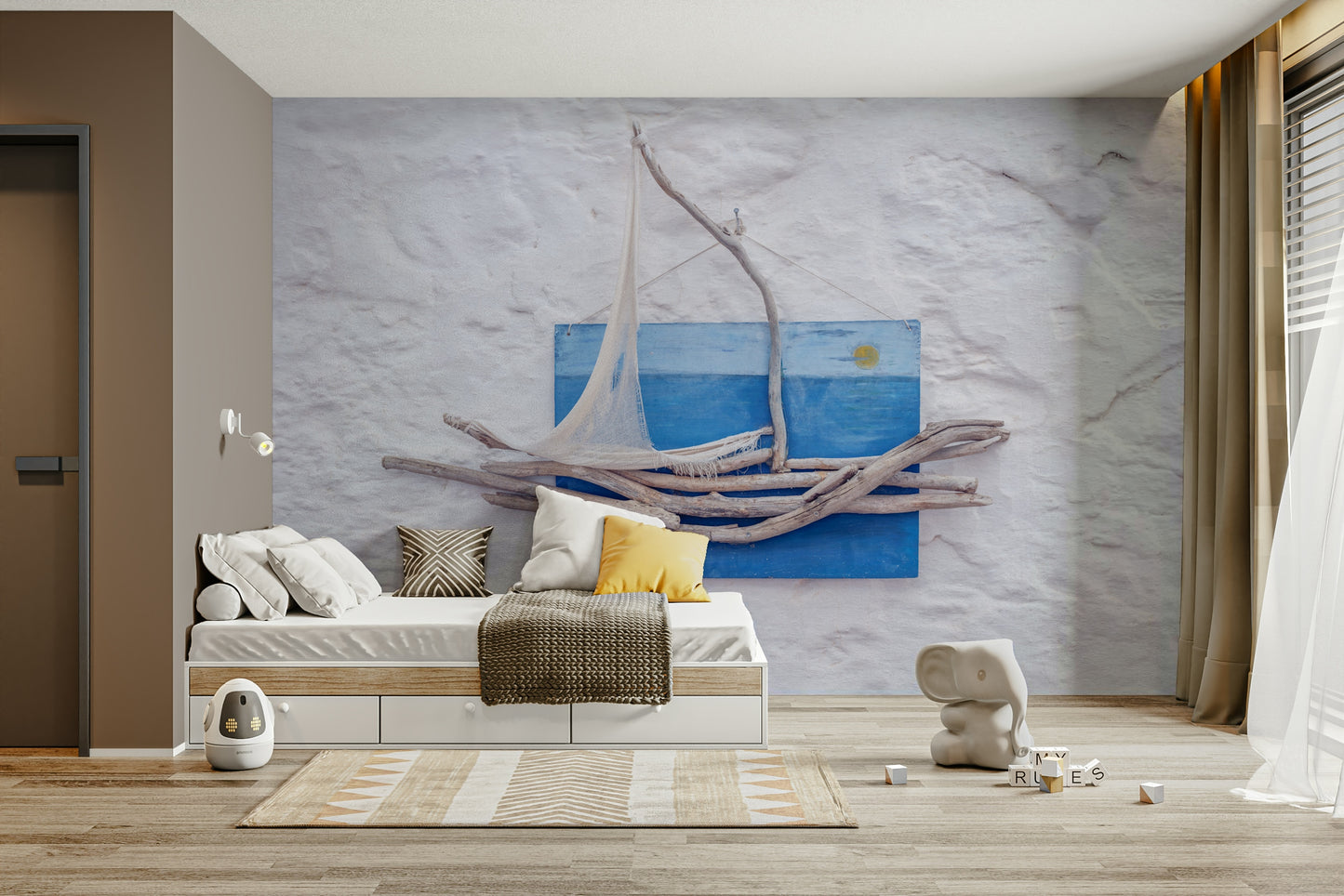 A peaceful coastal scene mural on decorative wallpaper.

