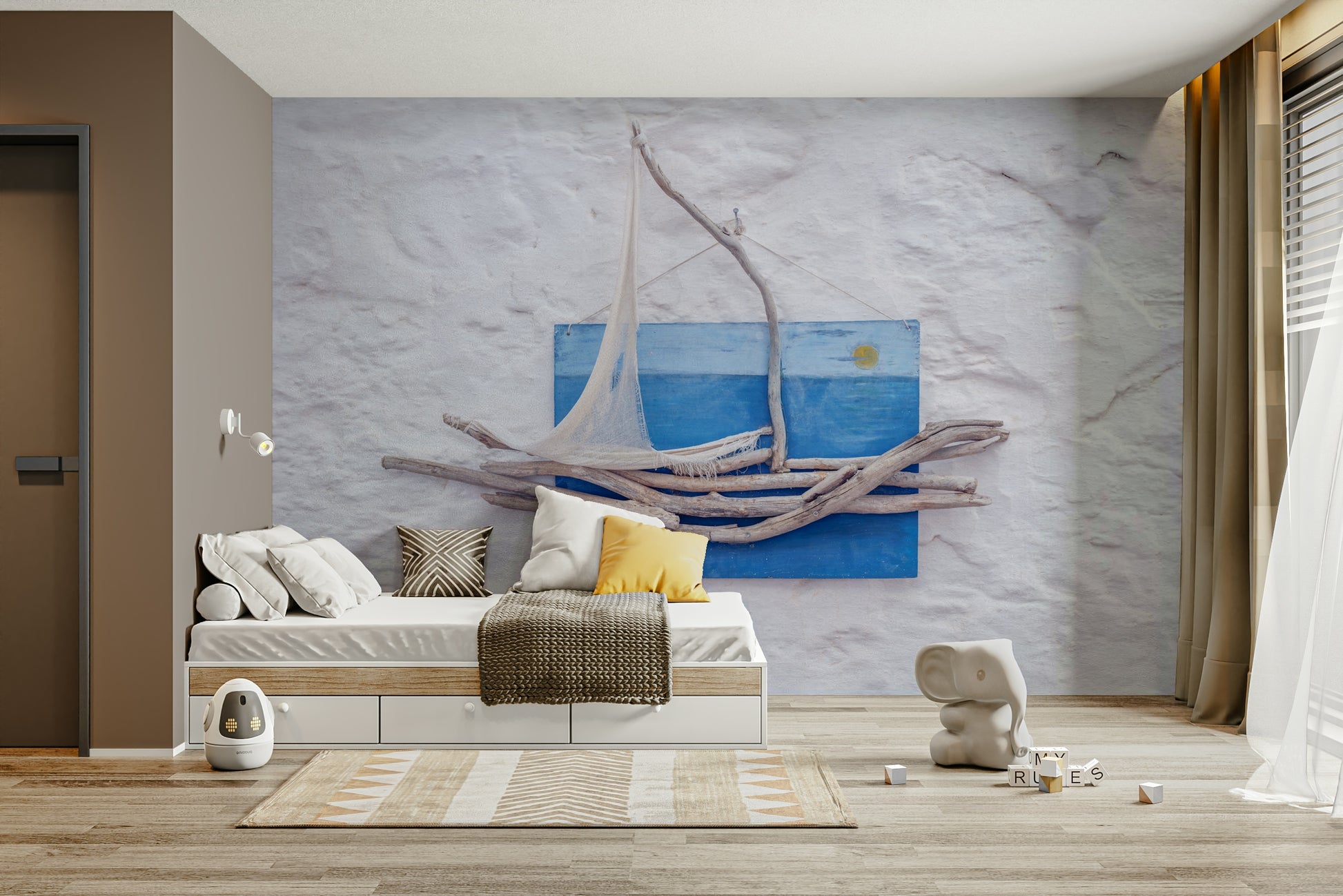 A peaceful coastal scene mural on decorative wallpaper.

