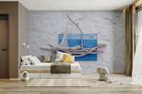 A peaceful coastal scene mural on decorative wallpaper.

