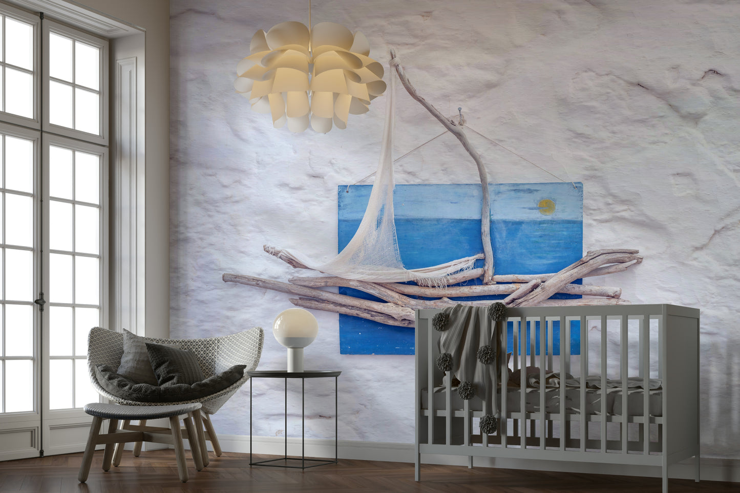 A calming sailing design wallpaper mural that defines a space.


