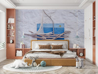 A serene handcrafted boat wall mural for nautical decor.

