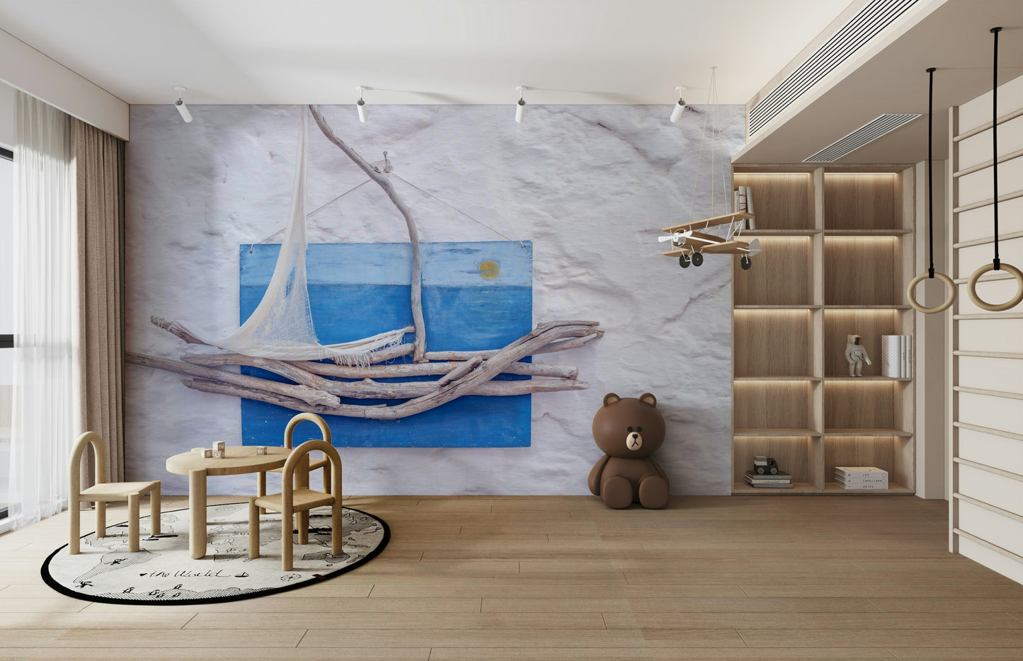 A contemplative sailing theme wallpaper mural for a feature wall.

