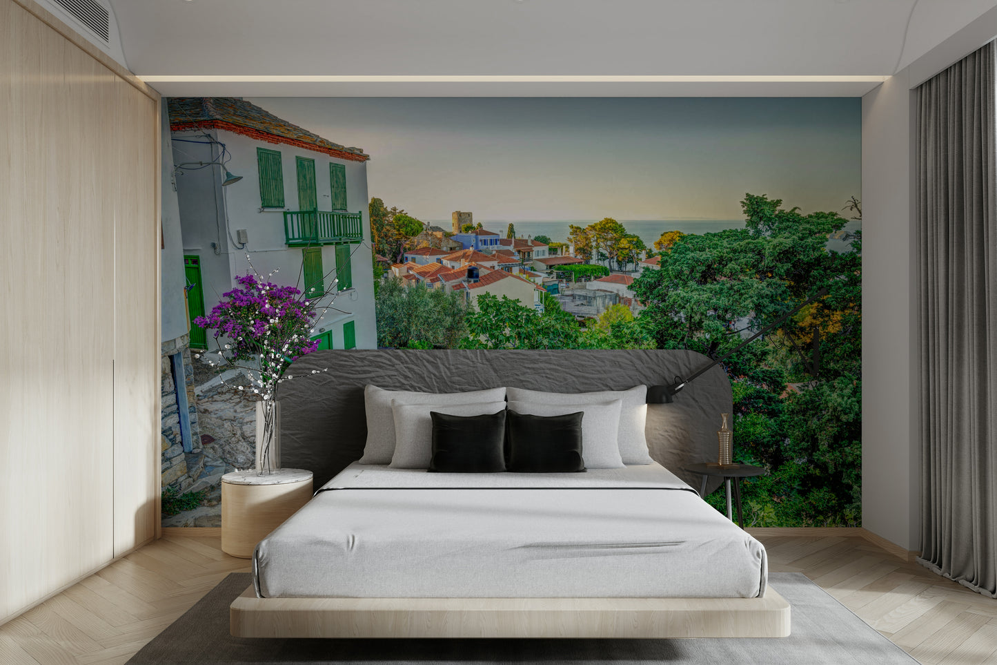 A graceful subtle walkway wall mural in cool, white and blue tones.

