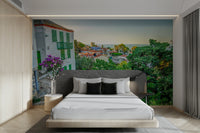 A graceful subtle walkway wall mural in cool, white and blue tones.

