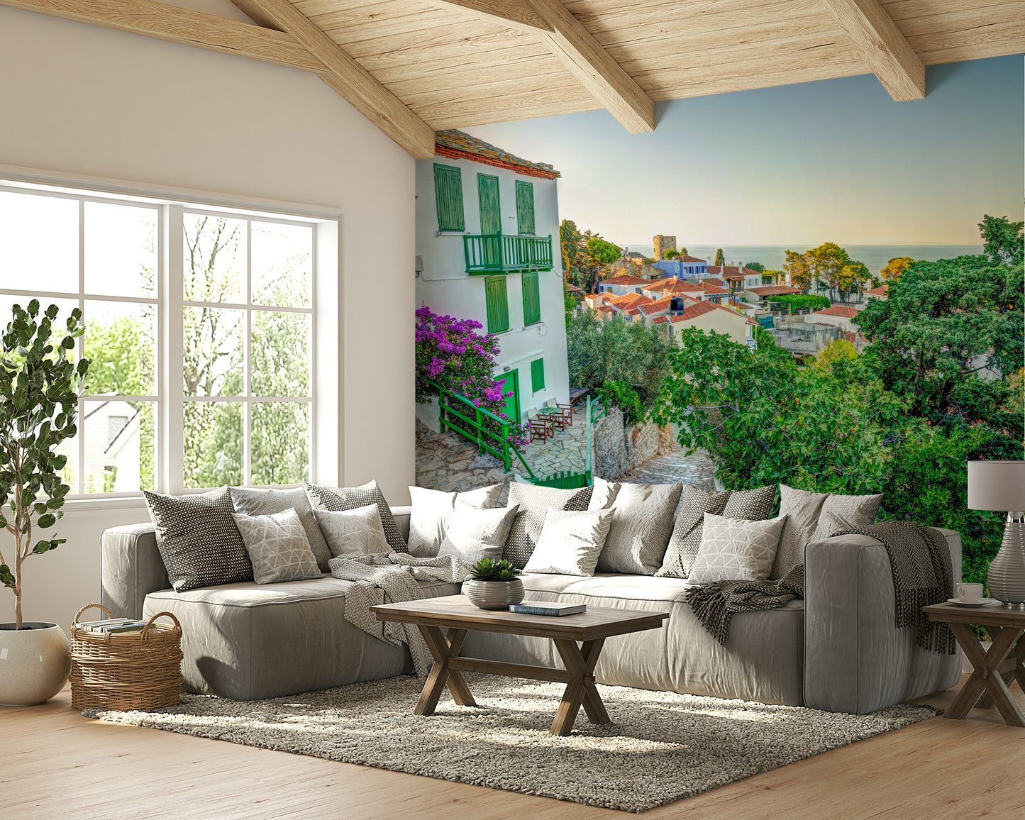 A beautiful coastal view wall mural for a living room.

