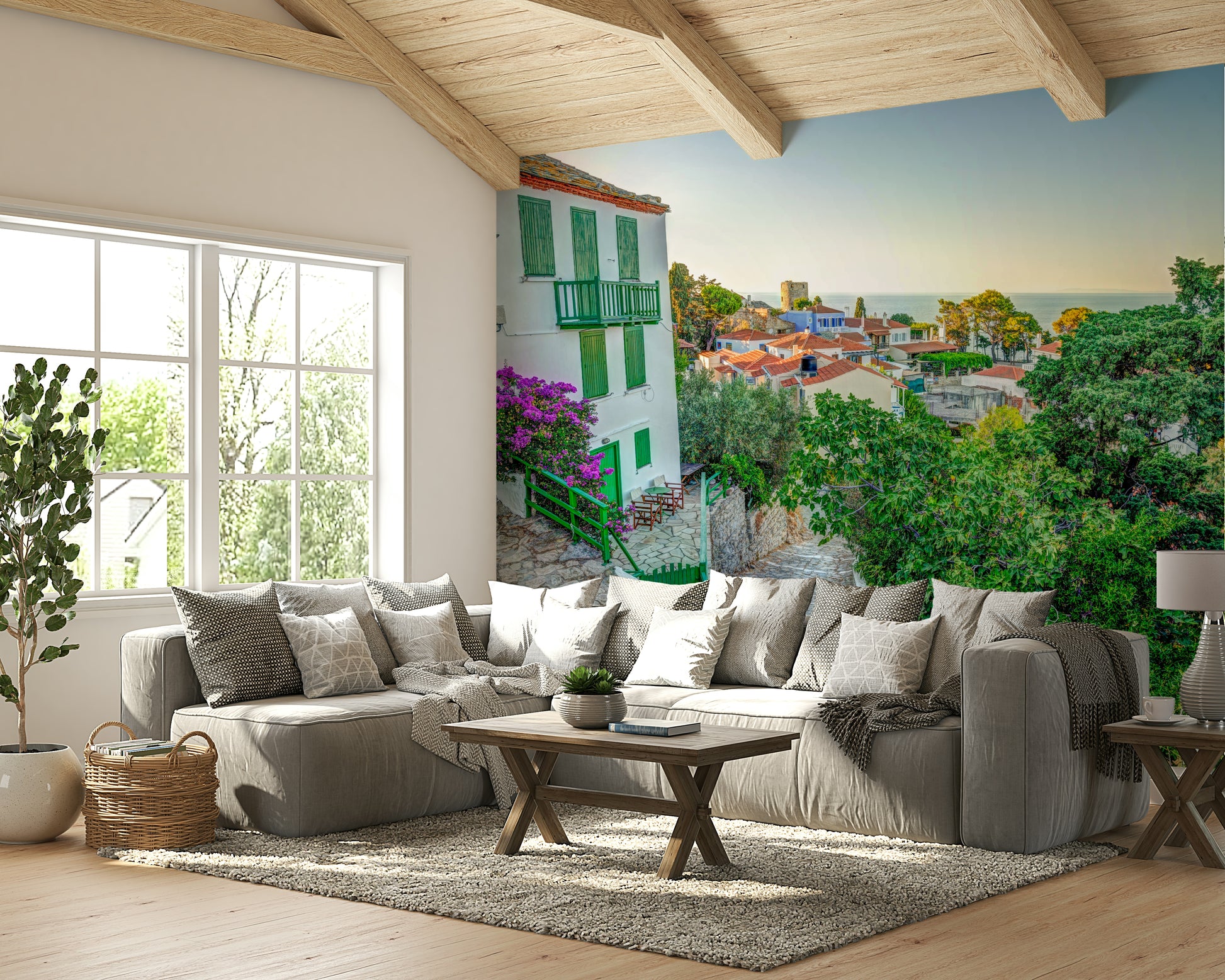 A beautiful coastal view wall mural for a living room.

