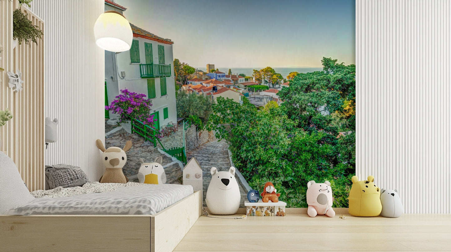 A calming village scene wallpaper mural that defines a space.

