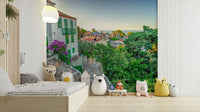 A calming village scene wallpaper mural that defines a space.

