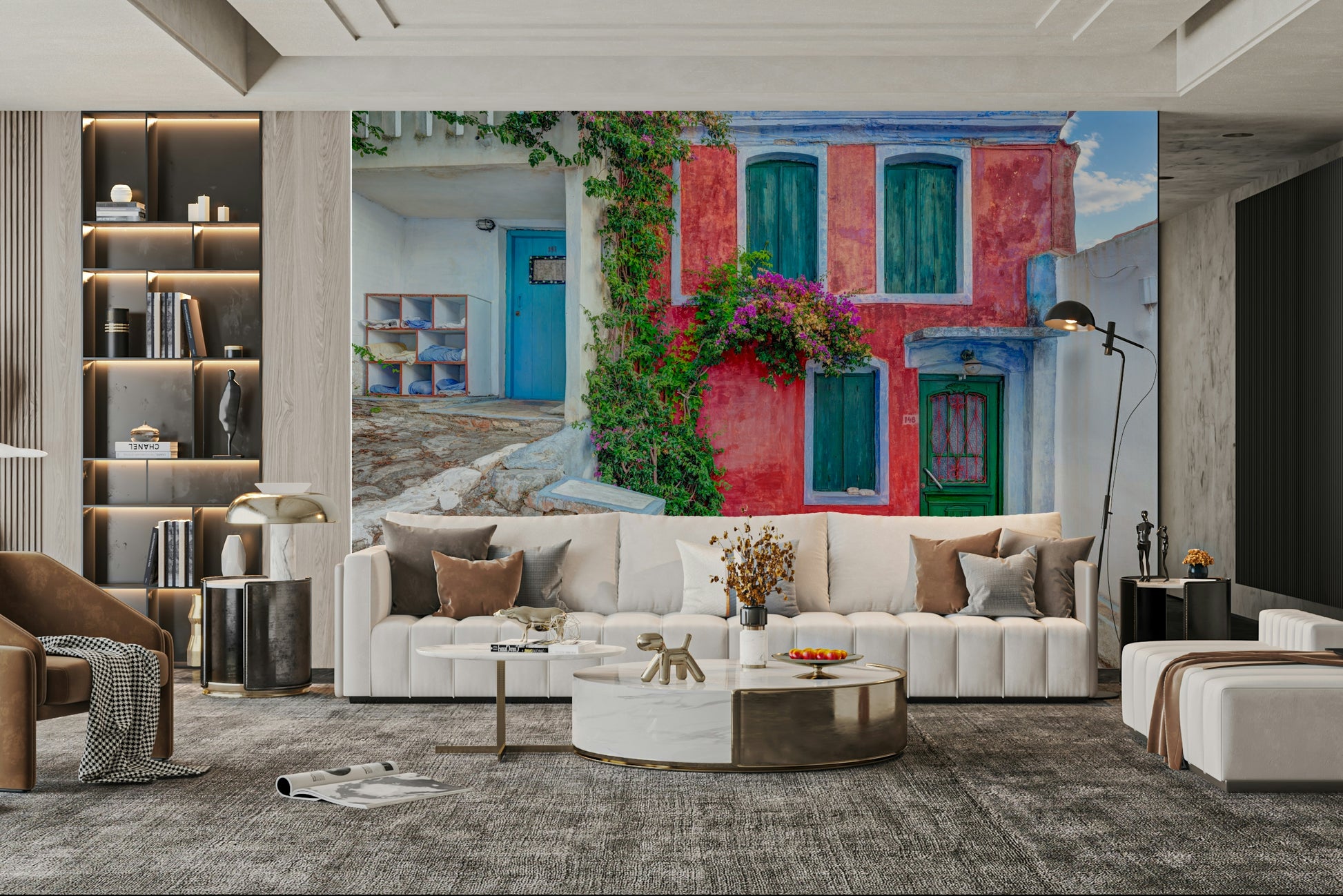A calming village scene wallpaper mural that defines a space.

