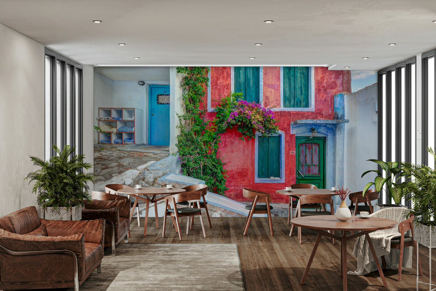 A beautiful wide-angle wall mural of a seaside town.

