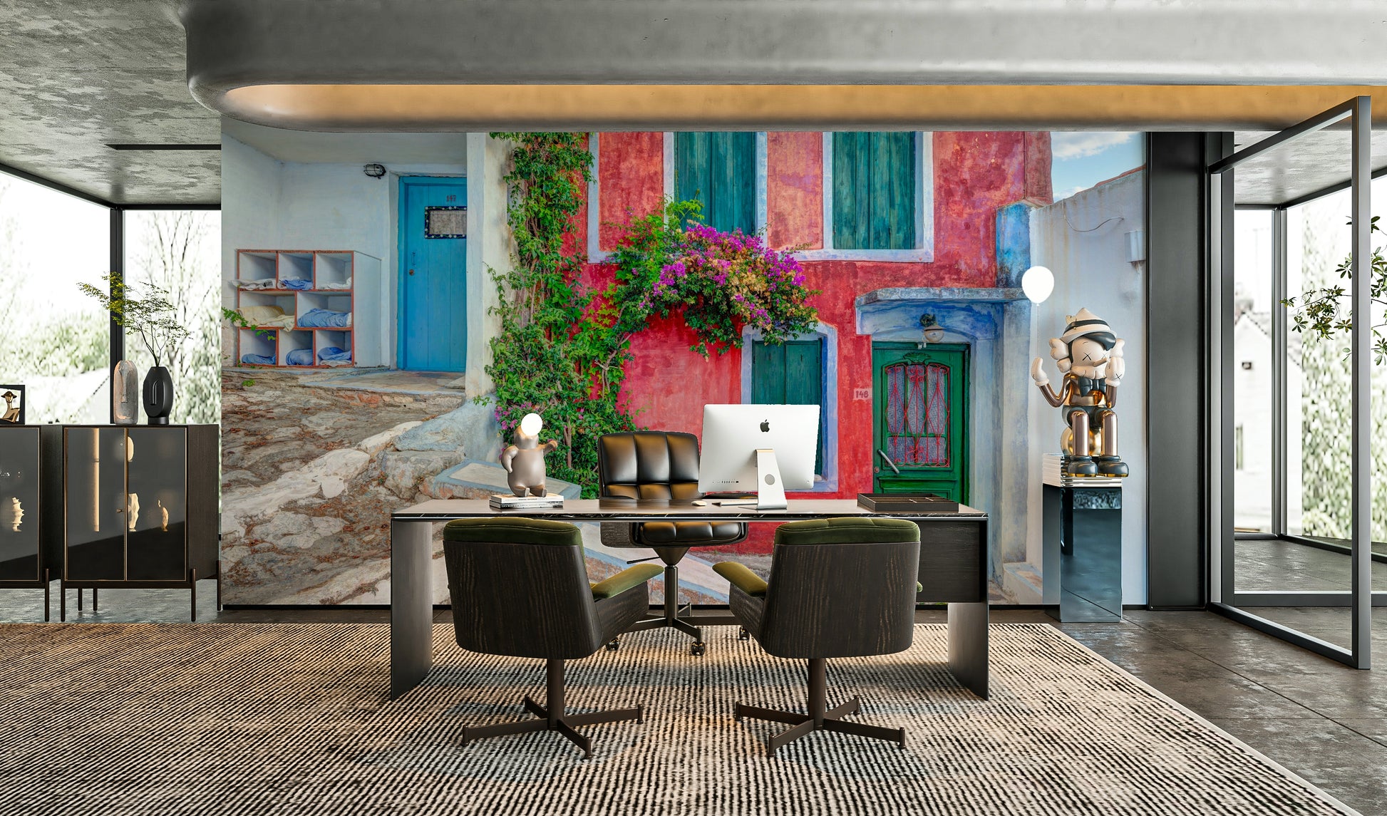 An artistic Greek island mural on minimalist wallpaper.

