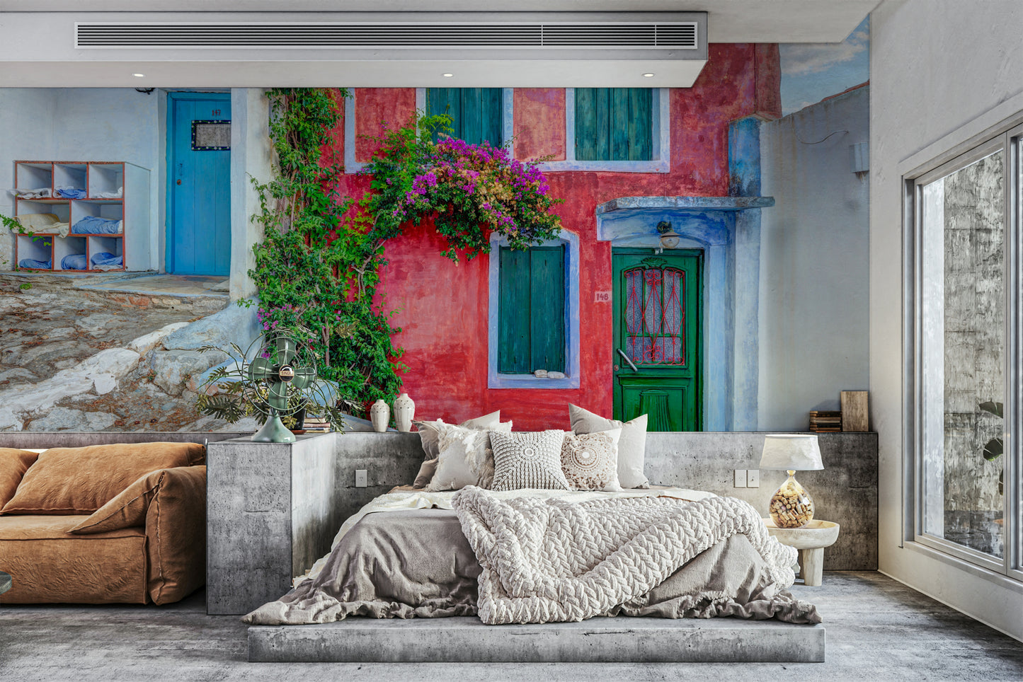 A peaceful coastal view mural on decorative wallpaper.

