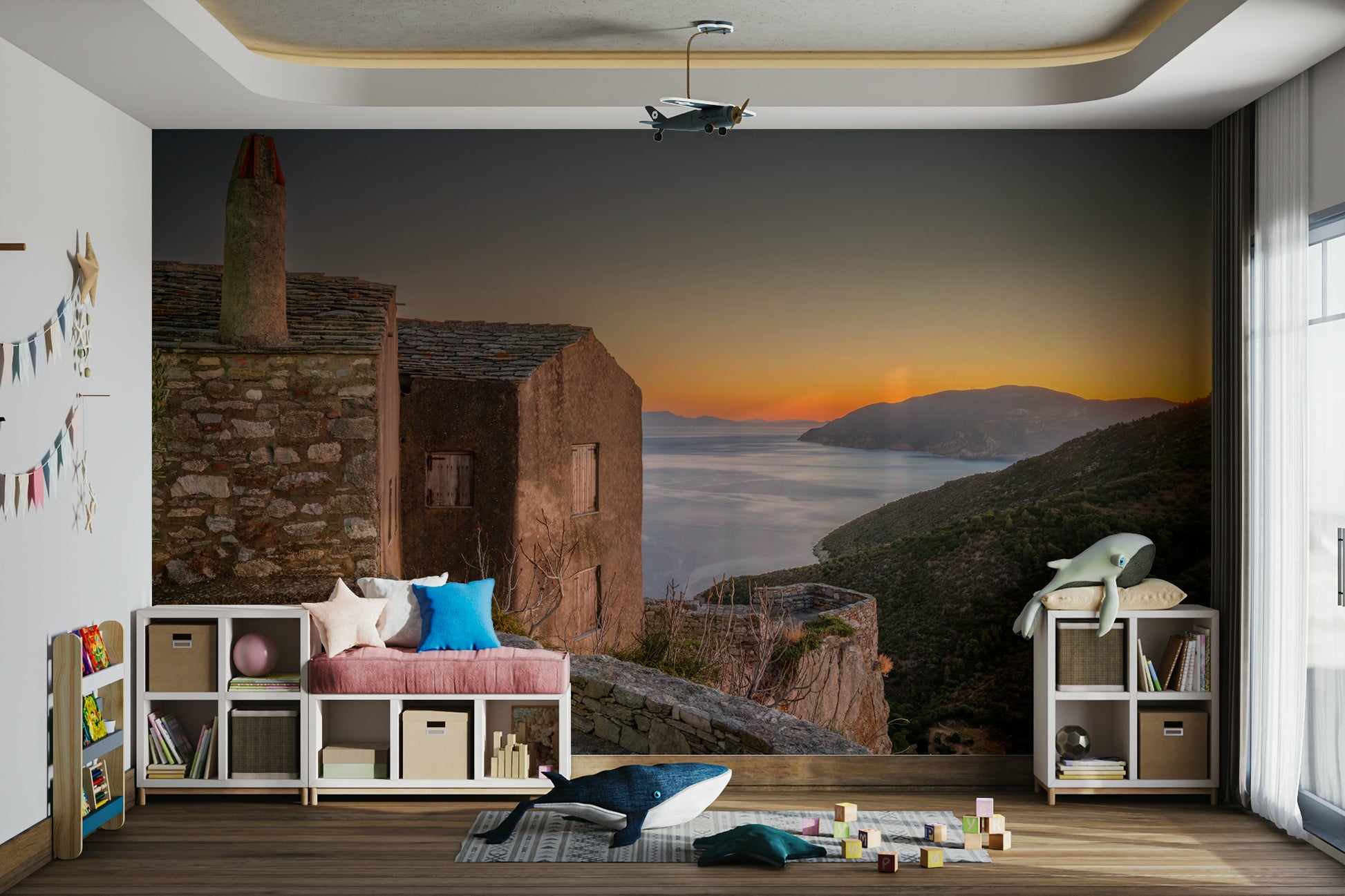 A peaceful open ocean mural on decorative wallpaper.

