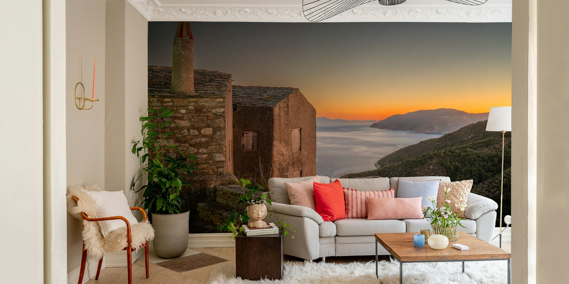 A graceful subtle sea view wall mural in cool, blue tones.

