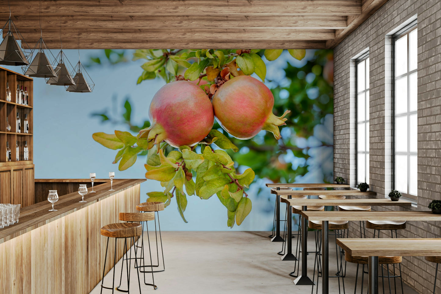 A beautiful modern art wall mural of pomegranate fruit.

