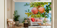 A peaceful garden scene mural on decorative wallpaper.

