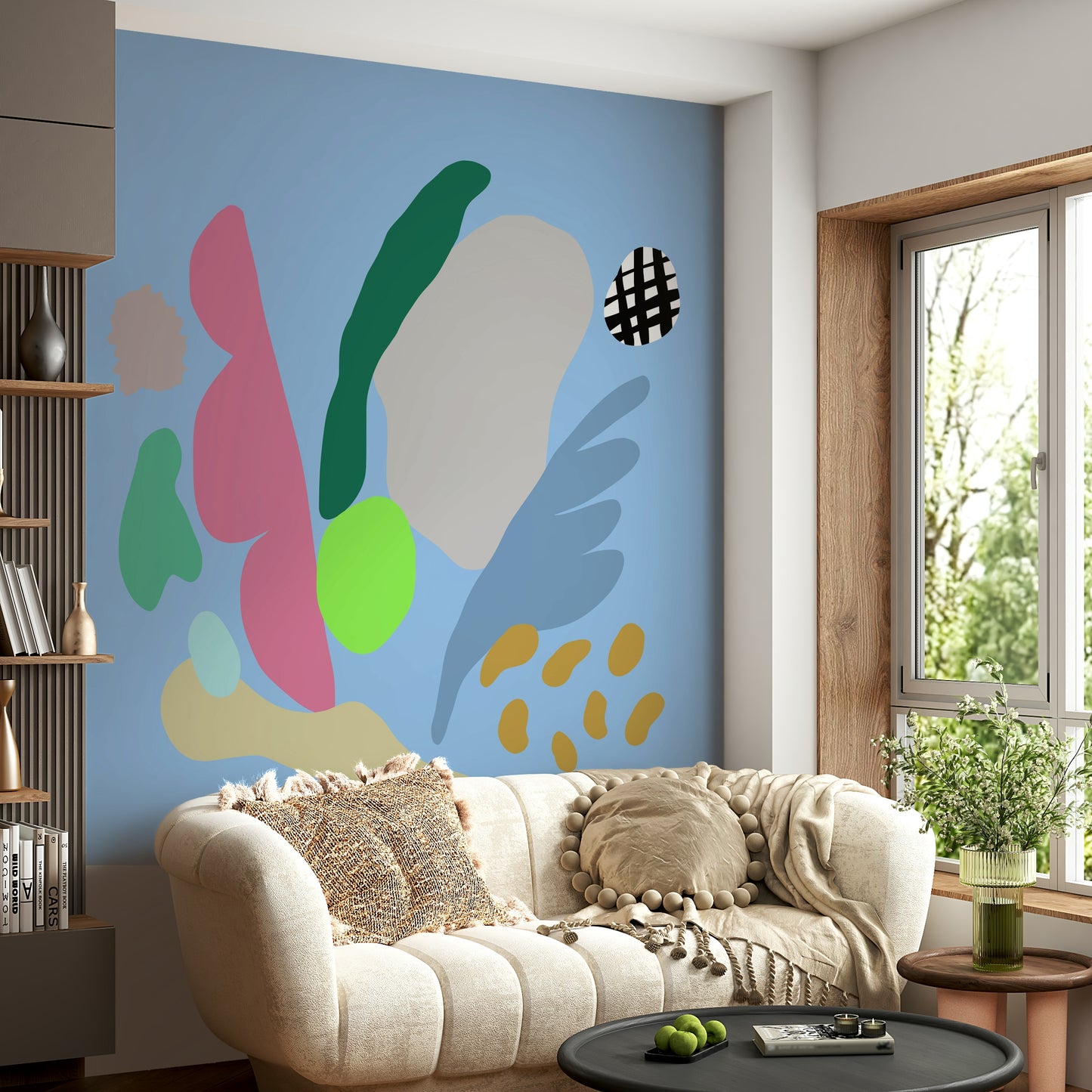 An artistic abstract sun mural on minimalist wallpaper.

