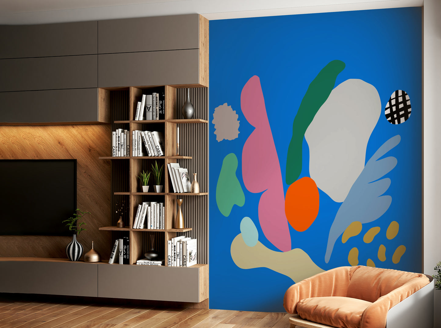A beautiful modern art wall mural for a kitchen.

