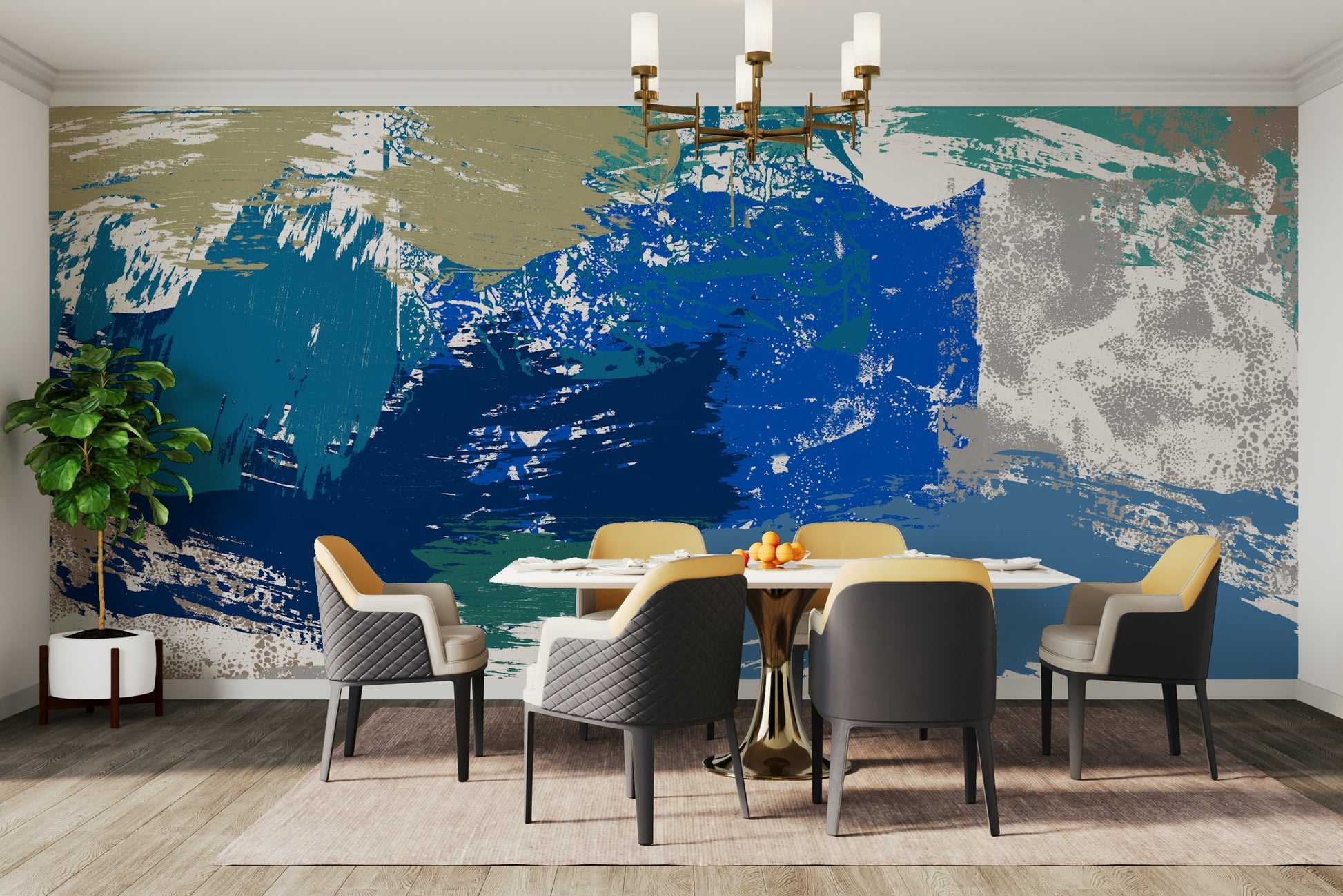 A graceful modern abstract wall mural in cool, natural tones.

