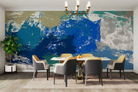 A graceful modern abstract wall mural in cool, natural tones.

