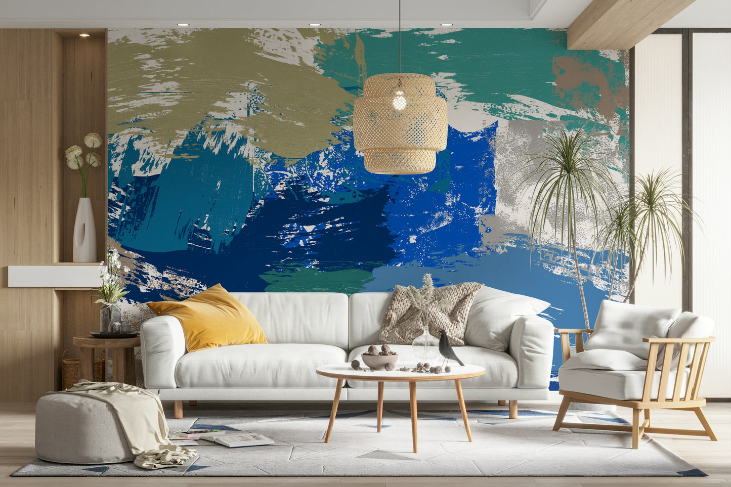 An artistic flowing texture mural on minimalist wallpaper.

