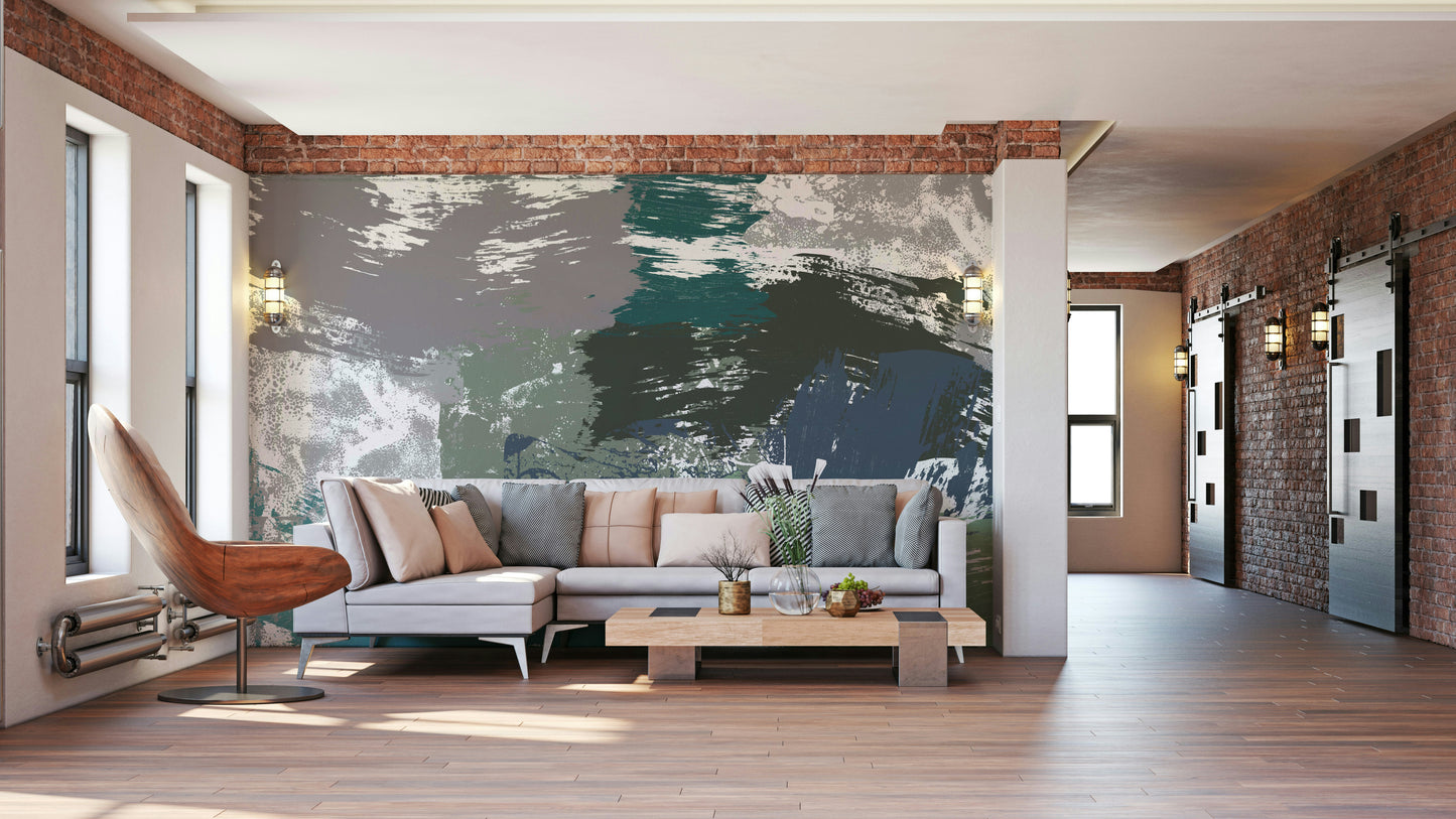 An artistic abstract stone mural on luxury wallpaper.

