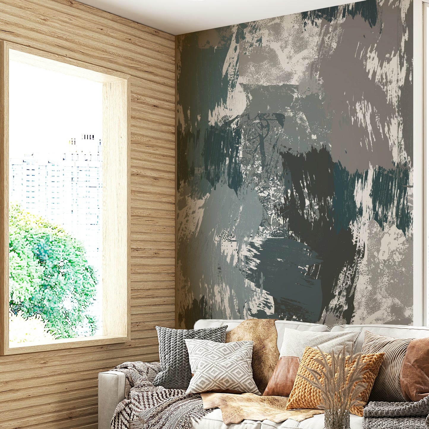 A graceful subtle mountain wall mural in cool, white tones.

