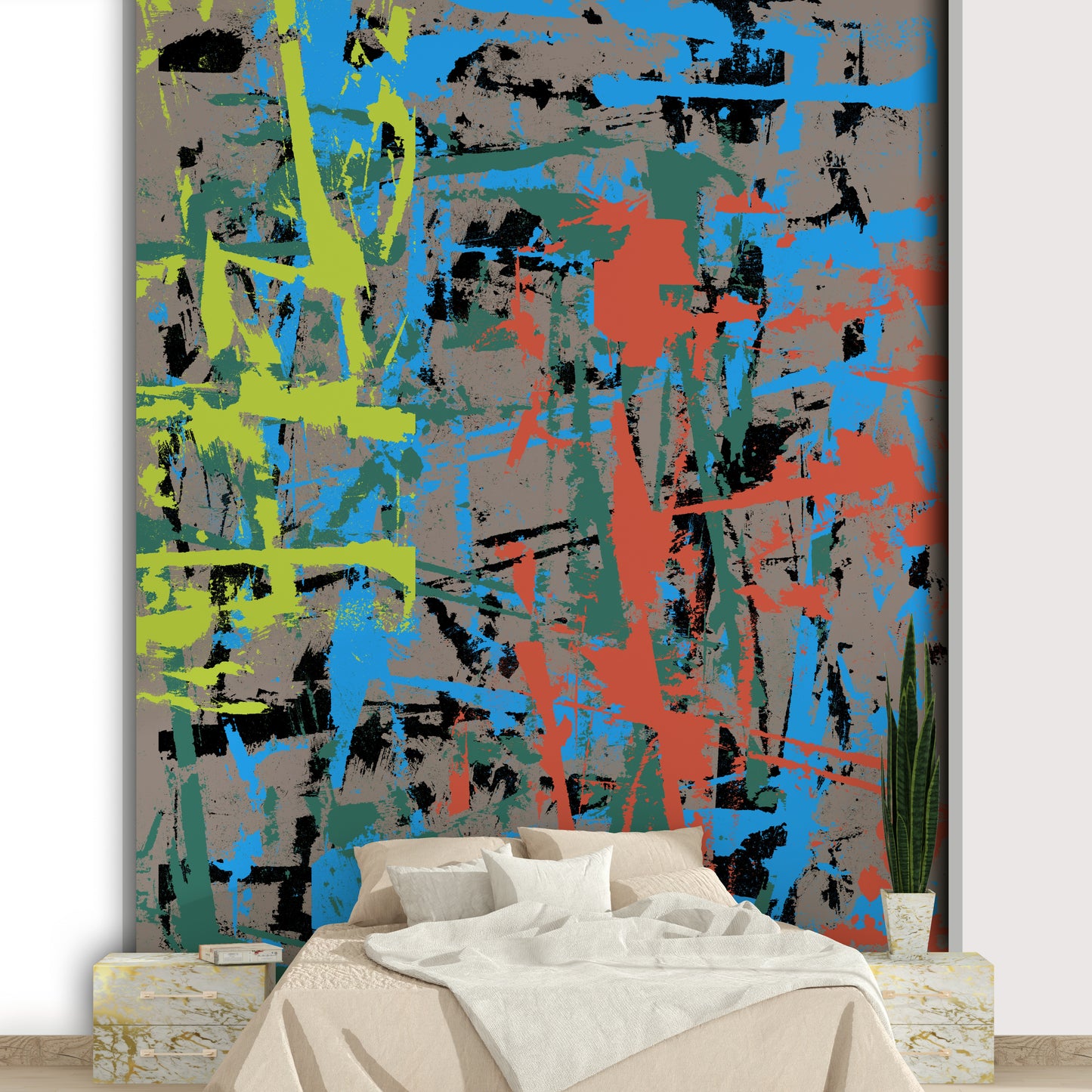 A graceful modern abstract wall mural in cool, natural tones.


