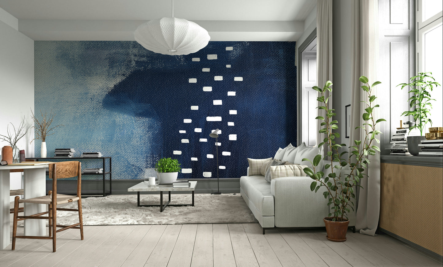 A graceful subtle block wall mural in cool, blue tones.

