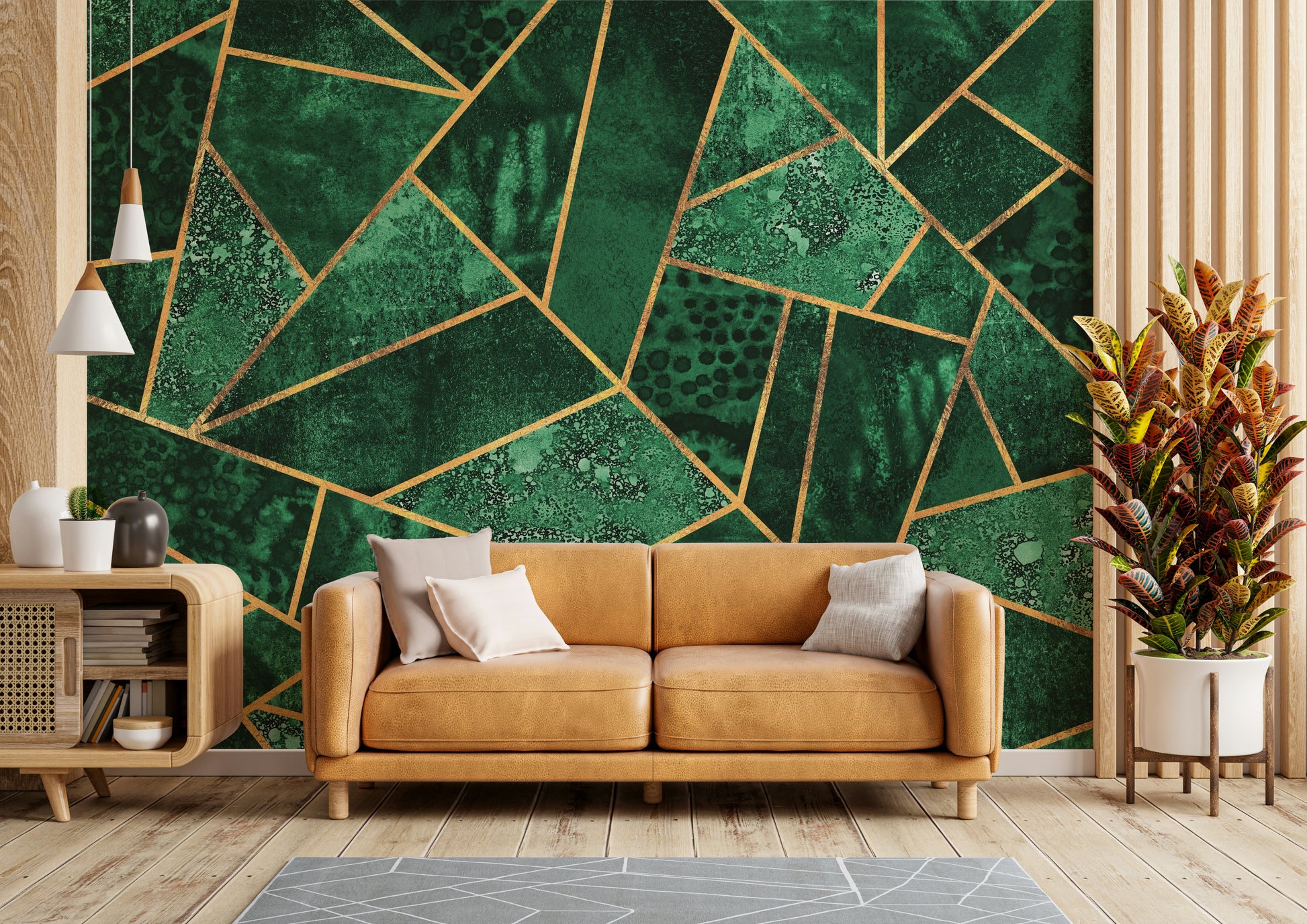 A peaceful geometric design mural on decorative wallpaper.

