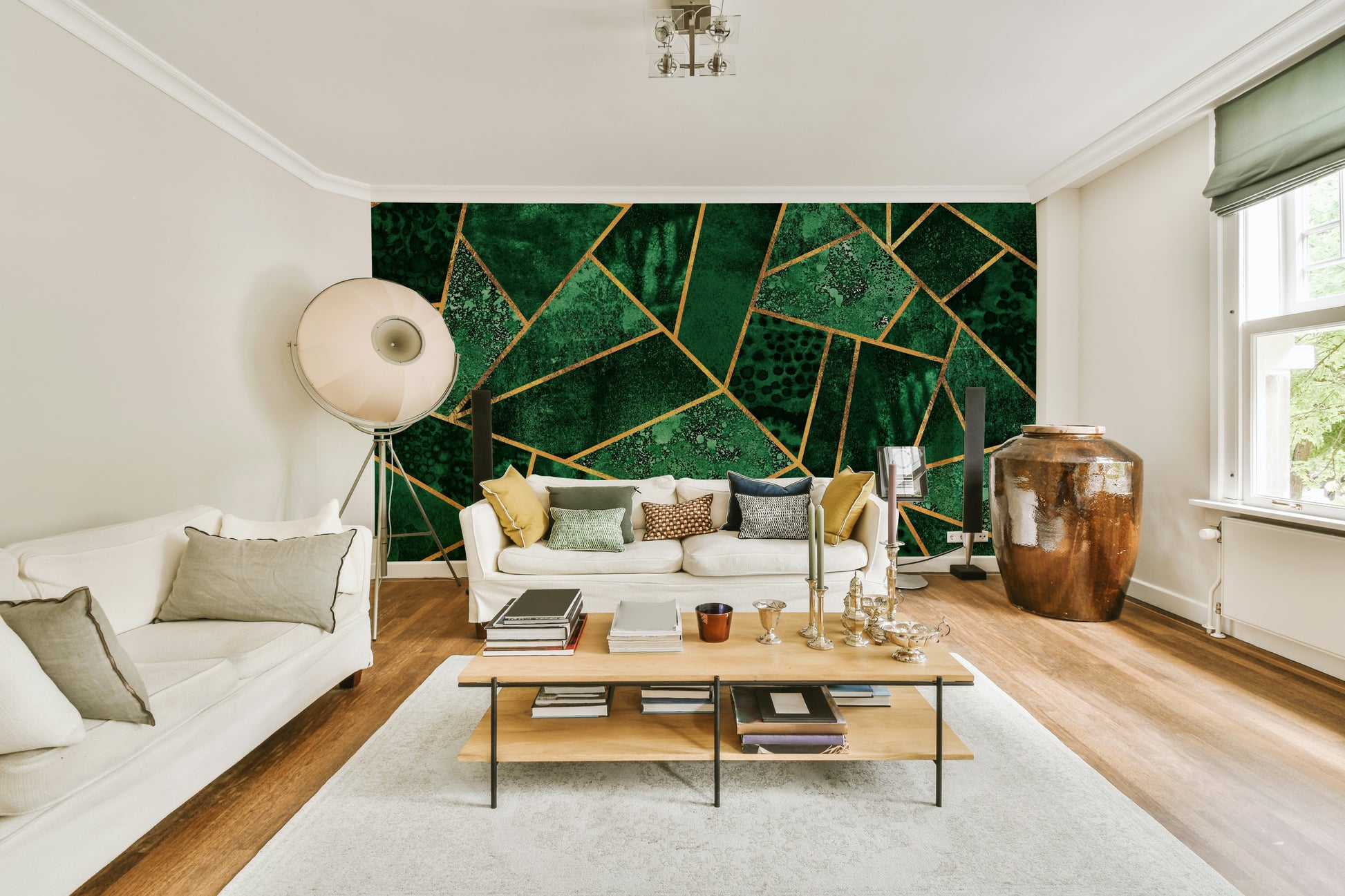 A classic abstract block wallpaper for walls with gold accents.

